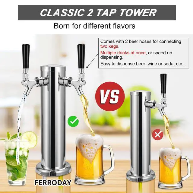 Alt view image 2 of 7 - Kegerator Tower Dual Faucet, 3" Beer Tower Double Tap Dispenser | Stainless Steel Tower Brass Faucet Stainless Core with Pre-assembled Lines Kegerator Parts, Keg Tower Beer Keg Tap for Brew