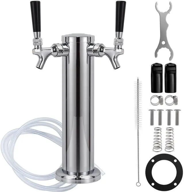 Main image of Kegerator Tower Dual Faucet, 3" Beer Tower Double Tap Dispenser | Stainless Steel Tower Brass Faucet Stainless Core with Pre-assembled Lines Kegerator Parts, Keg Tower Beer Keg Tap for Brew