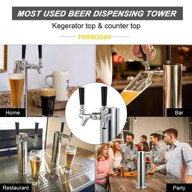 Alt view image 7 of 7 - Kegerator Tower Dual Faucet, 3" Beer Tower Double Tap Dispenser | Stainless Steel Tower Brass Faucet Stainless Core with Pre-assembled Lines Kegerator Parts, Keg Tower Beer Keg Tap for Brew