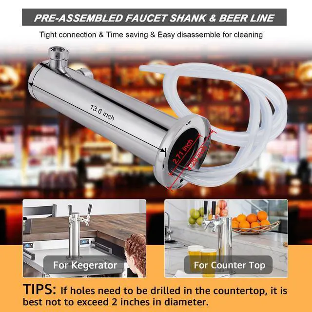 Alt view image 5 of 7 - Kegerator Tower Dual Faucet, 3" Beer Tower Double Tap Dispenser | Stainless Steel Tower Brass Faucet Stainless Core with Pre-assembled Lines Kegerator Parts, Keg Tower Beer Keg Tap for Brew