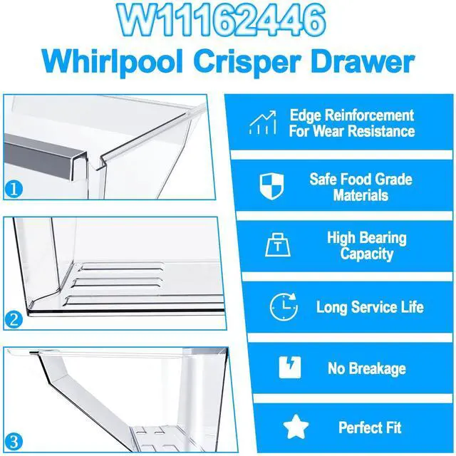 Alt view image 2 of 7 - UPGRADED W11162446 Refrigerator Crisper Drawer Compatible with Whirlpool Refrigerator Drawer Replacement W11046495 Whirlpool Drawer Replacement WRS325SDHZ08 WRS321SDHZ01, WRS315SDHM08 Fridge Drawer