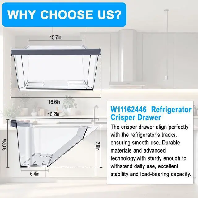 Alt view image 4 of 7 - UPGRADED W11162446 Refrigerator Crisper Drawer Compatible with Whirlpool Refrigerator Drawer Replacement W11046495 Whirlpool Drawer Replacement WRS325SDHZ08 WRS321SDHZ01, WRS315SDHM08 Fridge Drawer