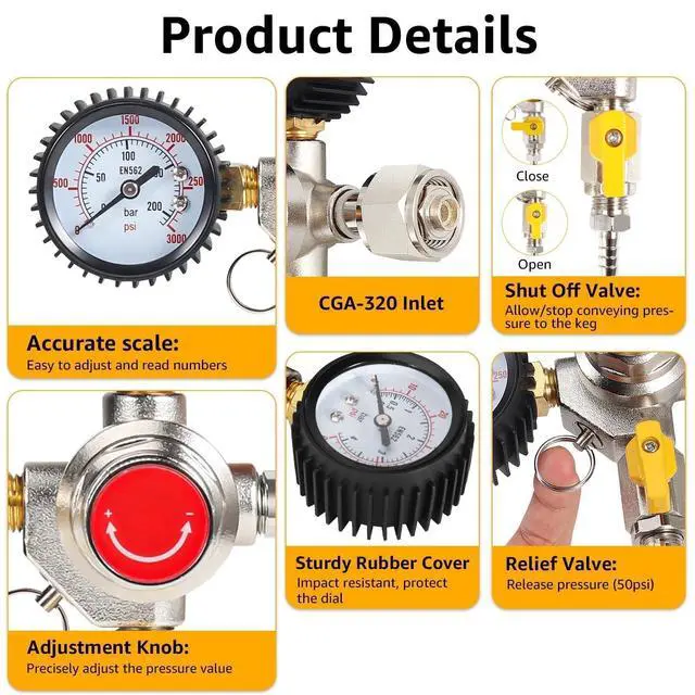 Alt view image 4 of 7 - Two System CO2 Regulator, Dual Output Keg Regulator Beer Regulator | CGA-320 co2 tank pressure regulator with 0-55 psi working pressure, 5/16" barb outlet, for hombrew or bars