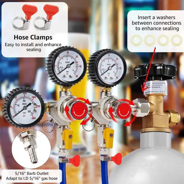 Alt view image 6 of 7 - Two System CO2 Regulator, Dual Output Keg Regulator Beer Regulator | CGA-320 co2 tank pressure regulator with 0-55 psi working pressure, 5/16" barb outlet, for hombrew or bars