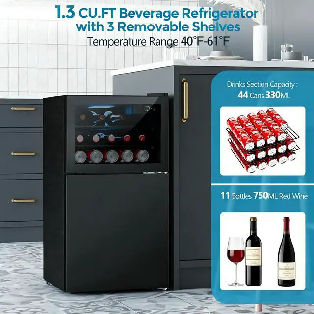 Alt view image 3 of 7 - 2.6 Cu.Ft Beverage Refrigerator & Mini Fridge with Freezer - Glass Door, Reversible Design, Adjustable Thermostat for Dorm, Office, Bedroom