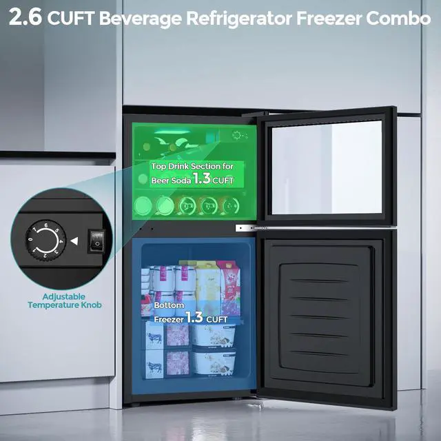 Alt view image 6 of 7 - 2.6 Cu.Ft Beverage Refrigerator & Mini Fridge with Freezer - Glass Door, Reversible Design, Adjustable Thermostat for Dorm, Office, Bedroom