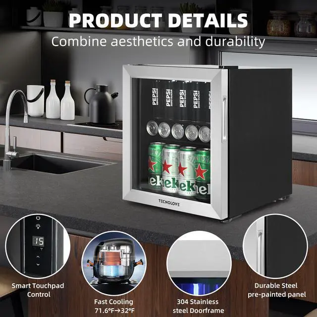 Alt view image 2 of 7 - Beverage Refrigerator, 1.6 Cu.Ft Mini Fridge, Stainless Steel, LED Digital Temp Control, Double Glass Door, Adjustable & Removable Shelves, Compact Design for Home & Office