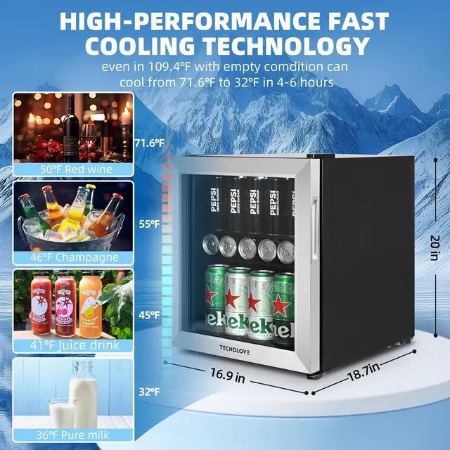 Alt view image 4 of 7 - Beverage Refrigerator, 1.6 Cu.Ft Mini Fridge, Stainless Steel, LED Digital Temp Control, Double Glass Door, Adjustable & Removable Shelves, Compact Design for Home & Office
