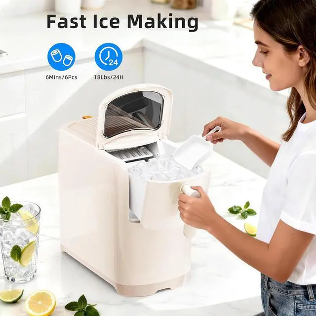 Alt view image 3 of 7 - Portable Countertop Ice Maker with Self-Cleaning, 18Lbs/24H, One-Touch Operation, Ice Scoop for Home, Kitchen, Office(White)