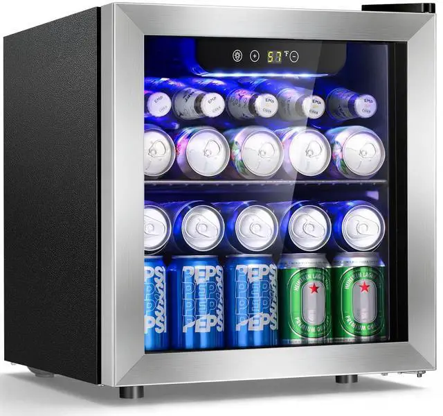 Main image of Beverage Cooler Holds Up to 48 Cans & 12 Wine Bottles, Stainless Steel Glass Door Drink Fridge with Digital Display and Electronic Temperature Control, Silver