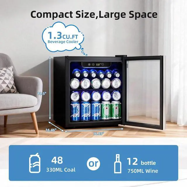 Alt view image 2 of 7 - Beverage Cooler Holds Up to 48 Cans & 12 Wine Bottles, Stainless Steel Glass Door Drink Fridge with Digital Display and Electronic Temperature Control, Silver