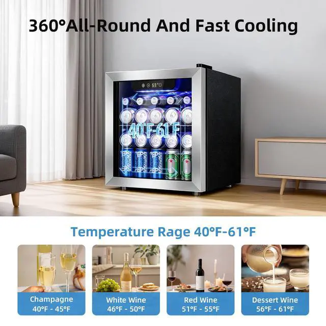Alt view image 4 of 7 - Beverage Cooler Holds Up to 48 Cans & 12 Wine Bottles, Stainless Steel Glass Door Drink Fridge with Digital Display and Electronic Temperature Control, Silver