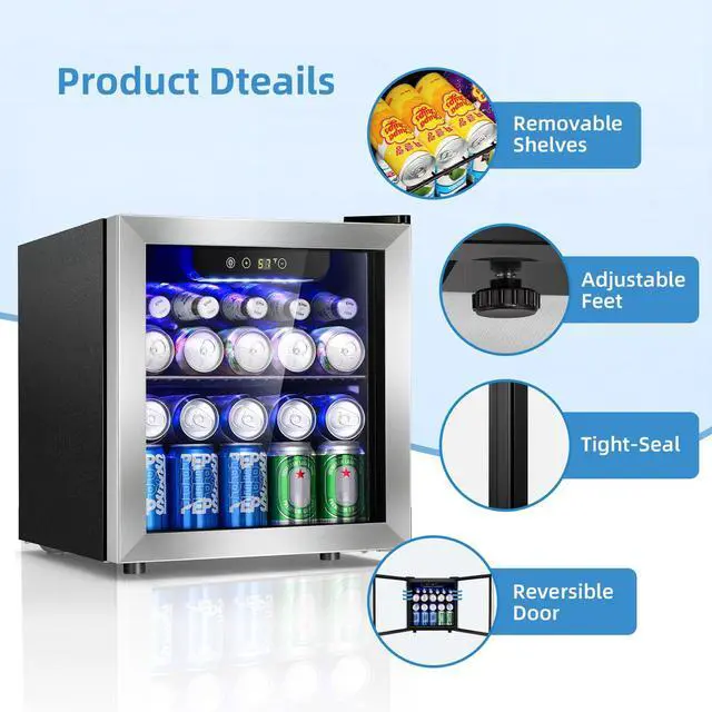 Alt view image 5 of 7 - Beverage Cooler Holds Up to 48 Cans & 12 Wine Bottles, Stainless Steel Glass Door Drink Fridge with Digital Display and Electronic Temperature Control, Silver