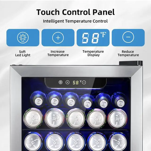 Alt view image 3 of 7 - Beverage Cooler Holds Up to 48 Cans & 12 Wine Bottles, Stainless Steel Glass Door Drink Fridge with Digital Display and Electronic Temperature Control, Silver