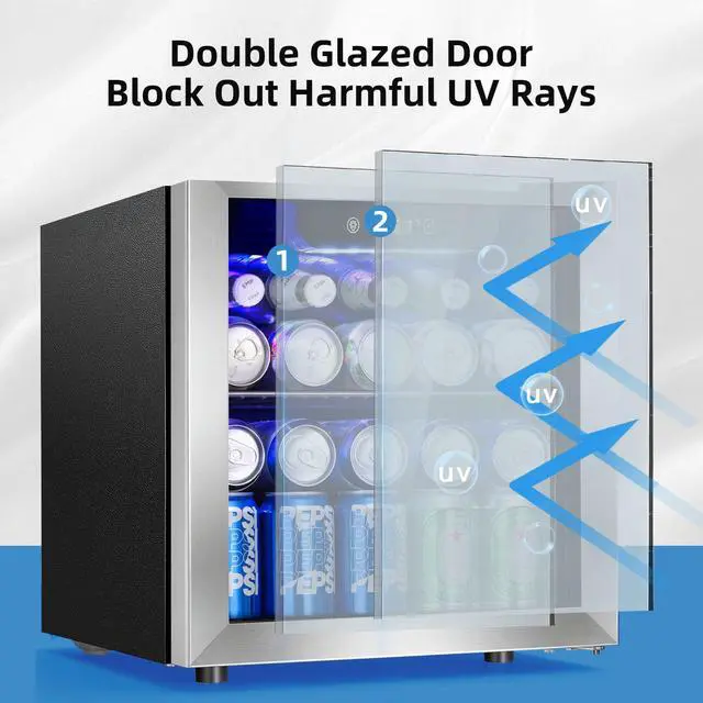 Alt view image 6 of 7 - Beverage Cooler Holds Up to 48 Cans & 12 Wine Bottles, Stainless Steel Glass Door Drink Fridge with Digital Display and Electronic Temperature Control, Silver