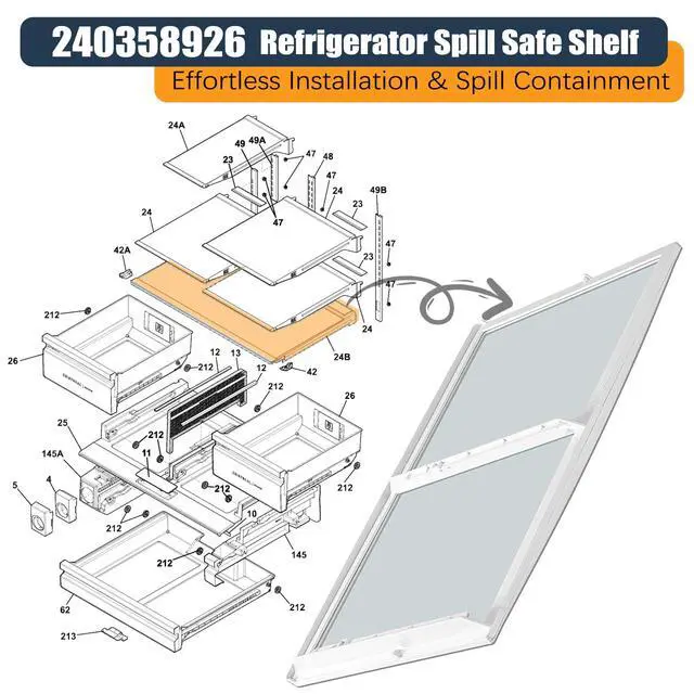 Alt view image 3 of 7 - 240358926 Refrigerator Shelf Replacement, Refrigerator Glass Shelf White Frame, Compatible with Frigidaire Kenmore Spill-Safe Shelfs, Replace 240358925 FFTR1830Q FFTR1831Q FFTR1832Q FFTR1832T