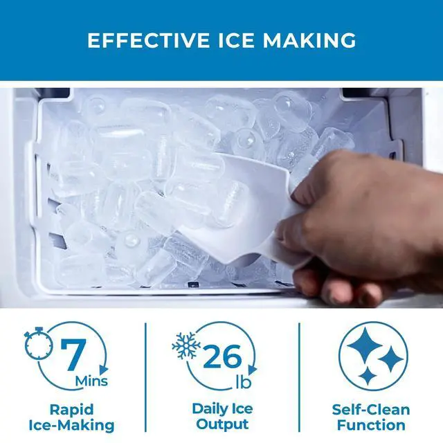 Alt view image 6 of 7 - Countertop Ice Maker Machine with Handle 26lbs in 24Hrs Black | 8 Ice Cubes Ready in 7 Mins, Ice Makers with Basket and Scoop, maquina para hacer hielo Black for Home/Kitchen/Camping