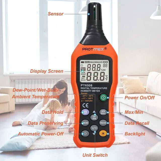 Alt view image 2 of 7 - Digital Temperature Humidity Meter, Thermometer Hygrometer with Ambient Dew Point and Wet Bulb Temperature Indoor and Outdoor, Data Logger with Min/Max Hold, LCD Backlight, PT6508