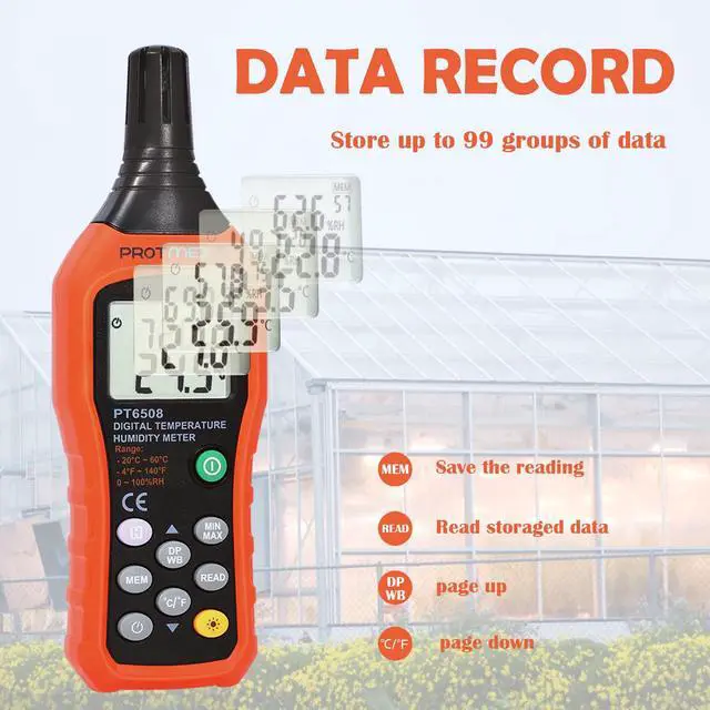 Alt view image 3 of 7 - Digital Temperature Humidity Meter, Thermometer Hygrometer with Ambient Dew Point and Wet Bulb Temperature Indoor and Outdoor, Data Logger with Min/Max Hold, LCD Backlight, PT6508