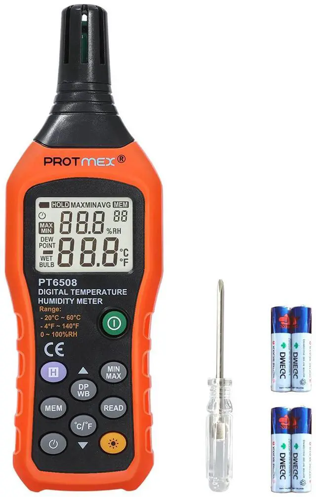 Main image of Digital Temperature Humidity Meter, Thermometer Hygrometer with Ambient Dew Point and Wet Bulb Temperature Indoor and Outdoor, Data Logger with Min/Max Hold, LCD Backlight, PT6508