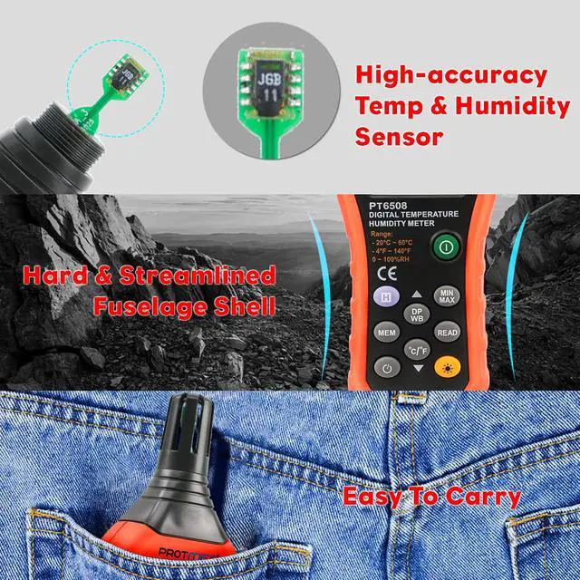 Alt view image 7 of 7 - Digital Temperature Humidity Meter, Thermometer Hygrometer with Ambient Dew Point and Wet Bulb Temperature Indoor and Outdoor, Data Logger with Min/Max Hold, LCD Backlight, PT6508