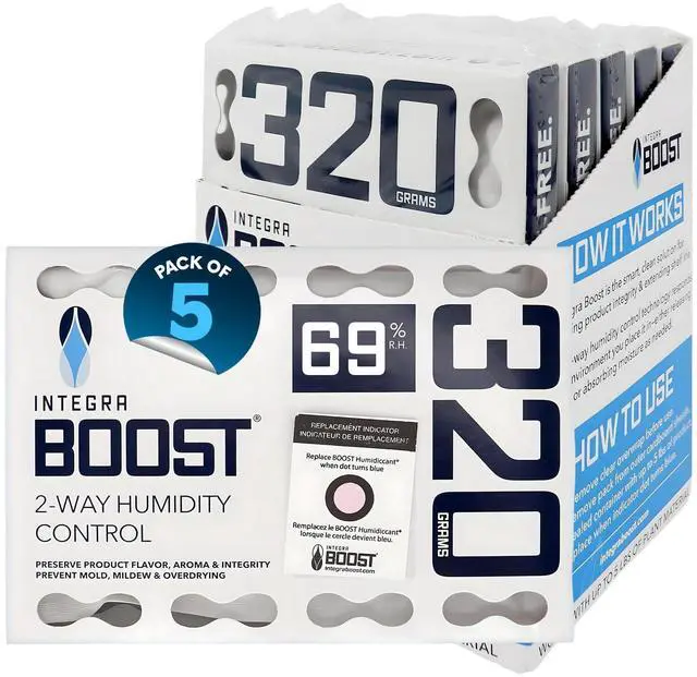 Main image of 69% RH, 2 Way Humidity Control Packs 320g Size for Storing 80oz Pack of 5 | Moisture Absorbers for Large Containers Humidifier Packets for Herbs, Spices in Retail Display Box