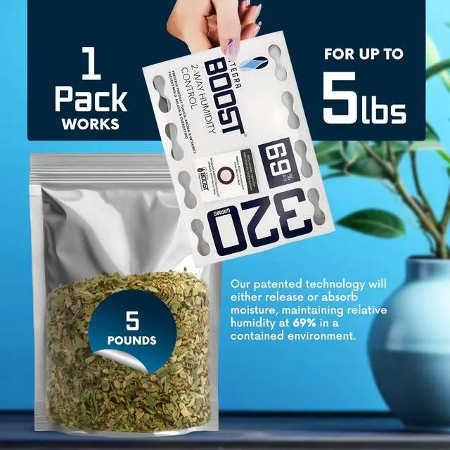 Alt view image 3 of 7 - 69% RH, 2 Way Humidity Control Packs 320g Size for Storing 80oz Pack of 5 | Moisture Absorbers for Large Containers Humidifier Packets for Herbs, Spices in Retail Display Box