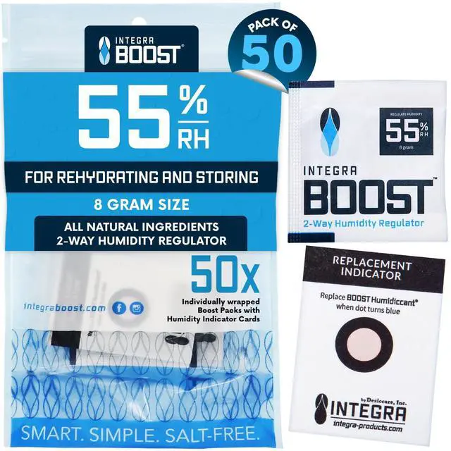 Main image of 55% RH Level - 8 Gram Size - Two-Way Humidity Control Pack Incl. Replacement Indicator Cards - Food Storage & Herbs Preserver Moisture Balancer, Protects 1 OZ (Pack of 50)