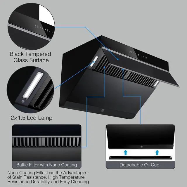 Alt view image 3 of 7 - Under Cabinet Range Hood 30 inch, 900 CFM, Heating Auto-cleaning | Wall mount kitchen hood, gesture & touch control, tempered glass surface, 3-speed exhaust fan, baffle filters, vent hood