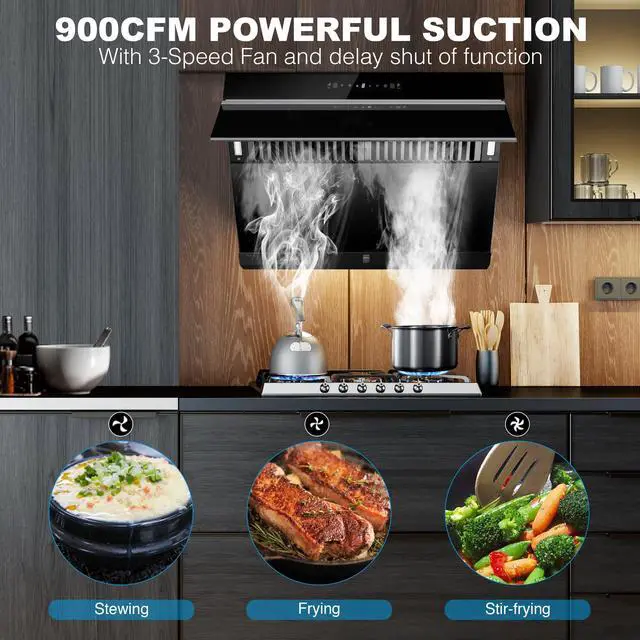 Alt view image 2 of 7 - Under Cabinet Range Hood 30 inch, 900 CFM, Heating Auto-cleaning | Wall mount kitchen hood, gesture & touch control, tempered glass surface, 3-speed exhaust fan, baffle filters, vent hood