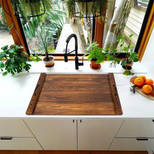 Alt view image 3 of 7 - Noodle Board Stovetop Cover with Handles, Sink Wood Block Covers for Electric & Gas Stove, RV Stove Burner, Farmhouse Decorative Wooden Tray for Kitchen