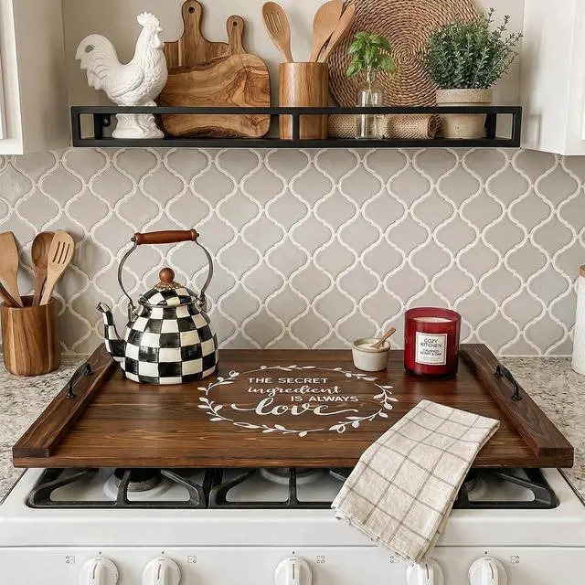 Alt view image 2 of 7 - Noodle Board Stovetop Cover with Handles, Sink Wood Block Covers for Electric & Gas Stove, RV Stove Burner, Farmhouse Decorative Wooden Tray for Kitchen-The Secret Ingredient is Always Love