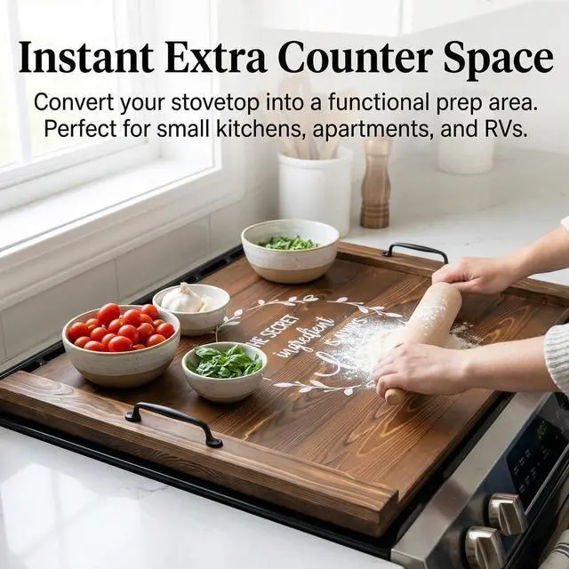 Alt view image 3 of 7 - Noodle Board Stovetop Cover with Handles, Sink Wood Block Covers for Electric & Gas Stove, RV Stove Burner, Farmhouse Decorative Wooden Tray for Kitchen-The Secret Ingredient is Always Love