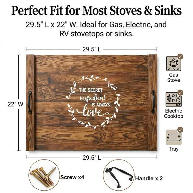 Alt view image 5 of 7 - Noodle Board Stovetop Cover with Handles, Sink Wood Block Covers for Electric & Gas Stove, RV Stove Burner, Farmhouse Decorative Wooden Tray for Kitchen-The Secret Ingredient is Always Love