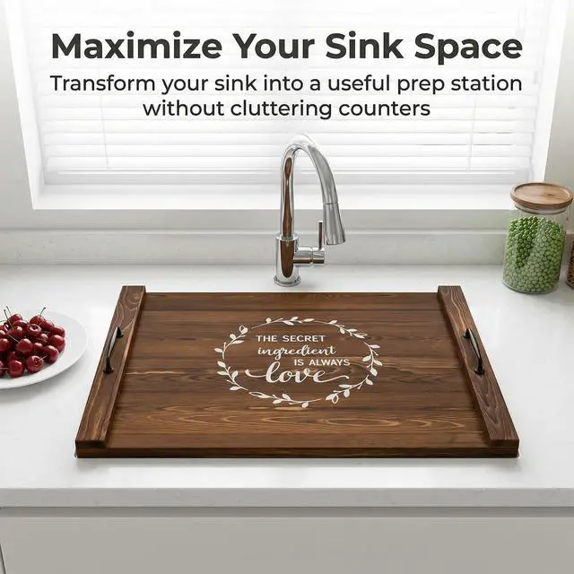 Alt view image 6 of 7 - Noodle Board Stovetop Cover with Handles, Sink Wood Block Covers for Electric & Gas Stove, RV Stove Burner, Farmhouse Decorative Wooden Tray for Kitchen-The Secret Ingredient is Always Love