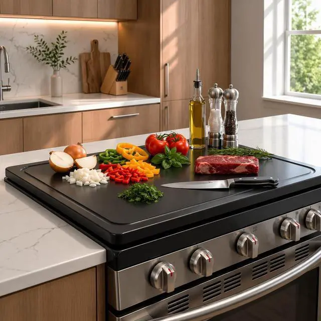 Alt view image 7 of 7 - Wooden Noodle Board Stove Cover for Electric Stove & Gas Range, 27.56 x 19.69 In, Lightweight Stovetop Cover with Built-In Handles, Juice Groove & Smooth Flat Top for Extra Counter Space