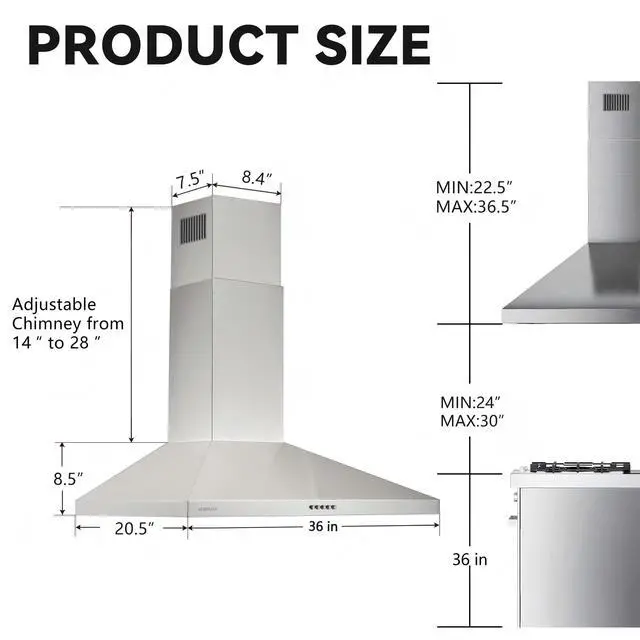 Alt view image 2 of 7 - 36 Inch Wall Mount Range Hood, 700 CFM Stainless Steel Chimney Vent Hood, Ducted/Ductless Convertible, 3-Speed Push Button Control, Dishwasher-Safe Filters, LED Strip Light