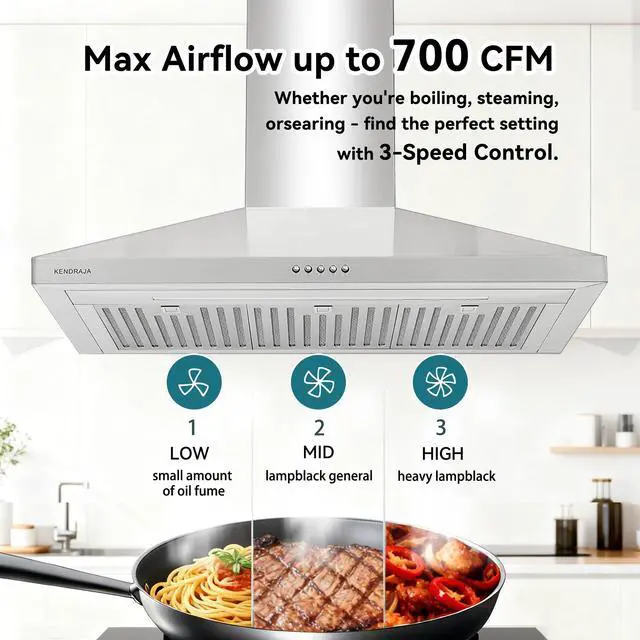 Alt view image 3 of 7 - 36 Inch Wall Mount Range Hood, 700 CFM Stainless Steel Chimney Vent Hood, Ducted/Ductless Convertible, 3-Speed Push Button Control, Dishwasher-Safe Filters, LED Strip Light