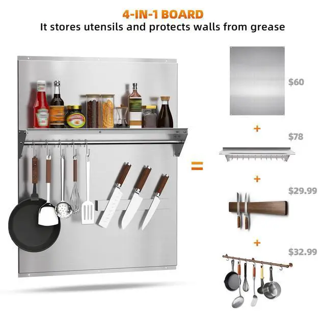 Alt view image 2 of 7 - 24"x30" Stainless Steel Range Backsplash, Stove Backsplash With Storage Shelf & Magnetic Knife Rack, Stainless Steel Backsplash For Stove, Range Hood Wall Shield With Pre-Drilled Holes