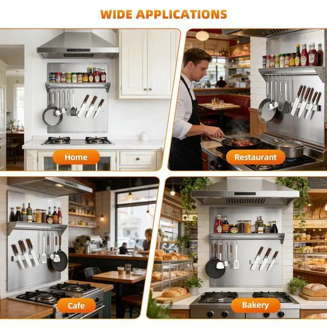 Alt view image 3 of 7 - 24"x30" Stainless Steel Range Backsplash, Stove Backsplash With Storage Shelf & Magnetic Knife Rack, Stainless Steel Backsplash For Stove, Range Hood Wall Shield With Pre-Drilled Holes