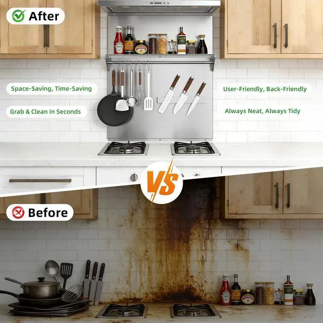 Alt view image 4 of 7 - 24"x30" Stainless Steel Range Backsplash, Stove Backsplash With Storage Shelf & Magnetic Knife Rack, Stainless Steel Backsplash For Stove, Range Hood Wall Shield With Pre-Drilled Holes
