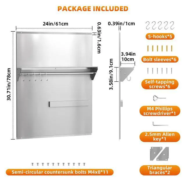Alt view image 5 of 7 - 24"x30" Stainless Steel Range Backsplash, Stove Backsplash With Storage Shelf & Magnetic Knife Rack, Stainless Steel Backsplash For Stove, Range Hood Wall Shield With Pre-Drilled Holes