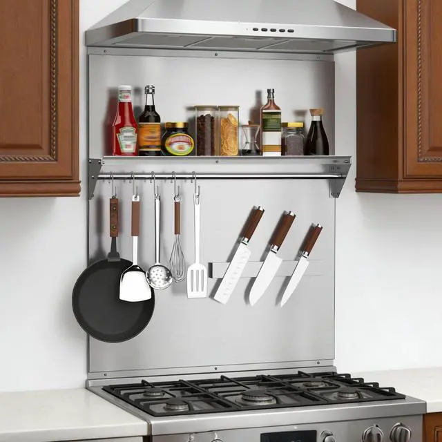 Alt view image 7 of 7 - 24"x30" Stainless Steel Range Backsplash, Stove Backsplash With Storage Shelf & Magnetic Knife Rack, Stainless Steel Backsplash For Stove, Range Hood Wall Shield With Pre-Drilled Holes