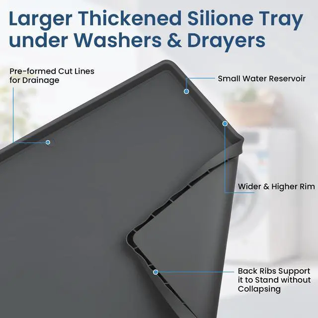 Alt view image 2 of 7 - 33 X 30 inch Large Thickened Silicone Washing Machine Drain Pan with 1-1/5" Raised Edge, Leak Protection Anti-Vibration Non-Slip Washing Machine Tray for Washer Dryer Other Appliances