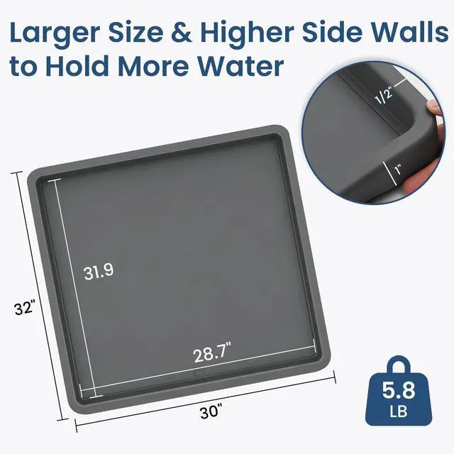 Alt view image 3 of 7 - 33 X 30 inch Large Thickened Silicone Washing Machine Drain Pan with 1-1/5" Raised Edge, Leak Protection Anti-Vibration Non-Slip Washing Machine Tray for Washer Dryer Other Appliances