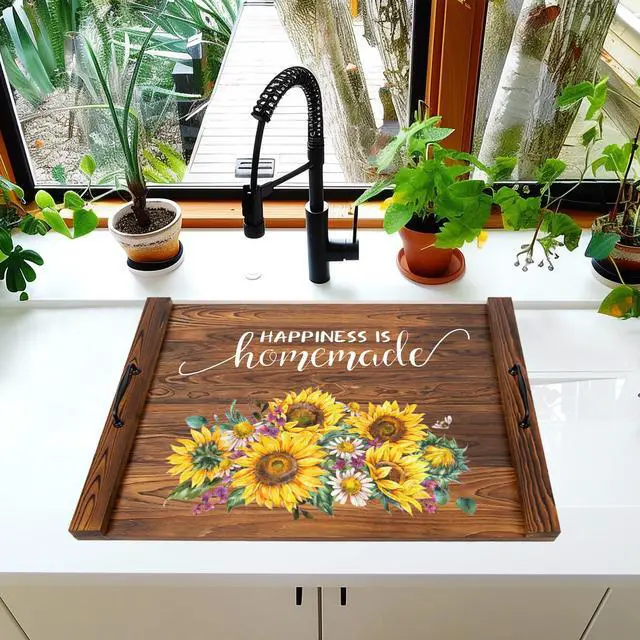 Alt view image 4 of 7 - Noodle Board Stovetop Cover with Handles, Sunflower Kitchen Decor Wood Block Covers for Electric & Gas Stove, RV Stove Burner and Sink, Farmhouse Decorative Wooden Tray for Kitchen