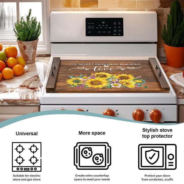 Alt view image 2 of 7 - Noodle Board Stovetop Cover with Handles, Sunflower Kitchen Decor Wood Block Covers for Electric & Gas Stove, RV Stove Burner and Sink, Farmhouse Decorative Wooden Tray for Kitchen