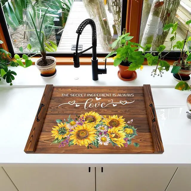 Alt view image 4 of 7 - Noodle Board Stovetop Cover with Handles, Sunflower Kitchen Decor Wood Block Covers for Electric & Gas Stove, RV Stove Burner and Sink, Farmhouse Decorative Wooden Tray for Kitchen