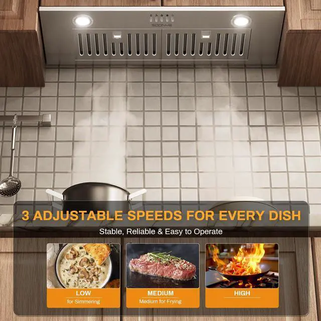 Alt view image 6 of 7 - Range Hood 30 inch, Insert Range Hood 600 CFM Kitchen Vent Stove Hood with 3 Speed Gestures Sensor Touch Control with Remote, Permanent Baffle Filter, Ducted/Ductless Convertible (silver2, button)