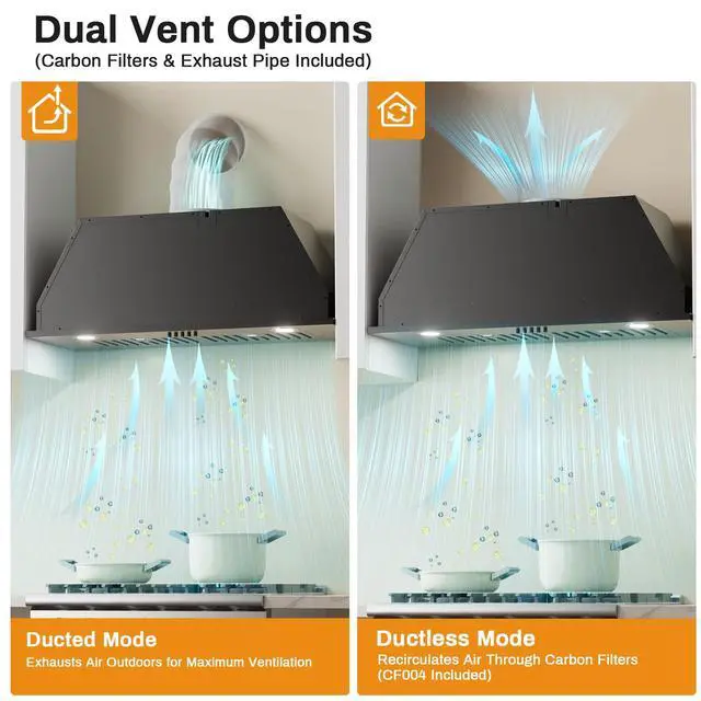 Alt view image 3 of 7 - Range Hood 30 inch, Insert Range Hood 600 CFM Kitchen Vent Stove Hood with 3 Speed Gestures Sensor Touch Control with Remote, Permanent Baffle Filter, Ducted/Ductless Convertible (Black, button)